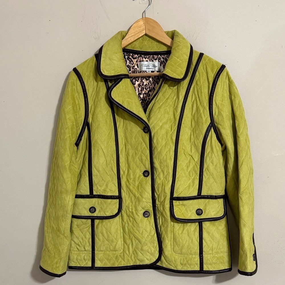 Tasha Polizzi Women's Faux Suede Quilted Jacket Chartreuse Brown Trim M Western